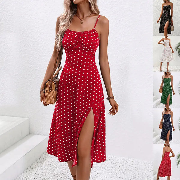 New Polka Dot Print Suspender Dress Summer Sexy Slit Long Dresses For Womens Clothing Malo